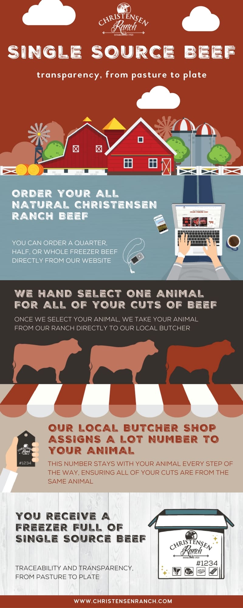 Infographic image showing the path of Christensen Ranch single-source beef from our pasture to your freezer