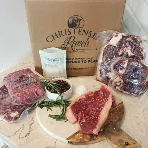 Christensen Ranch premium steak box filled with Colorado ranch-raised ny strip, rib eye, tenderloin, and sirloin steaks