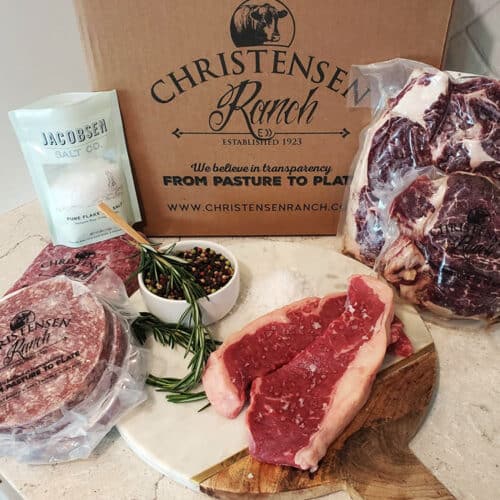 Christensen Ranch beef box featuring rib eye steak and ny strip steak