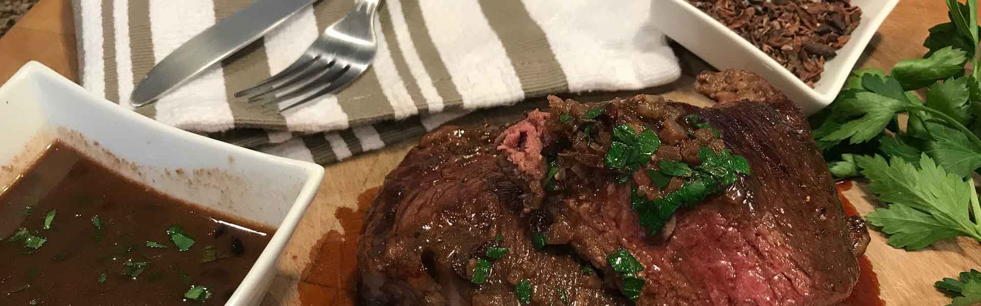 Christensen Ranch Recipes Cacao Nib Crusted Steak with Red Wine & Chocolate Sauce