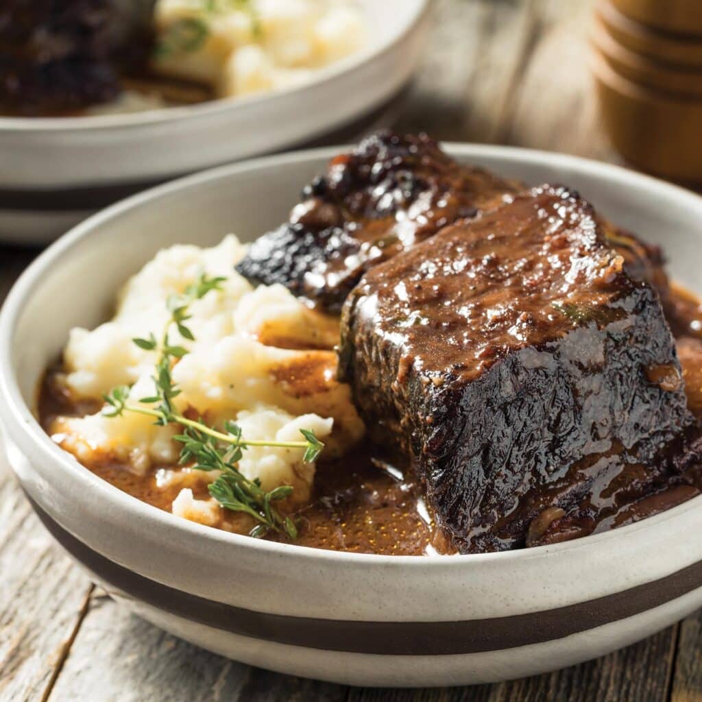 braised beef short ribs with mashed potatoes and gravy