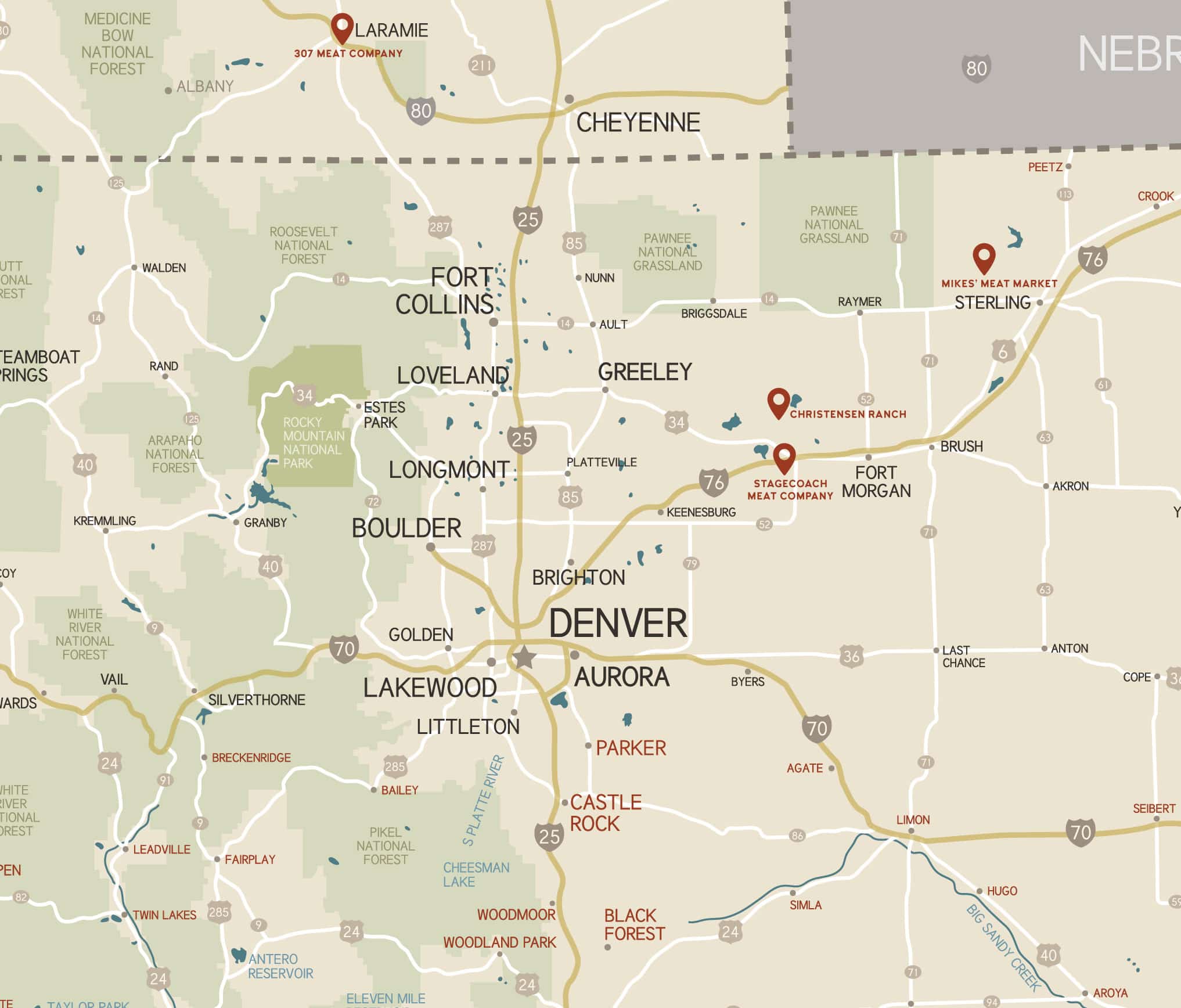 Map of Christensen Ranch custom bulk beef butchers in Colorado and Wyoming
