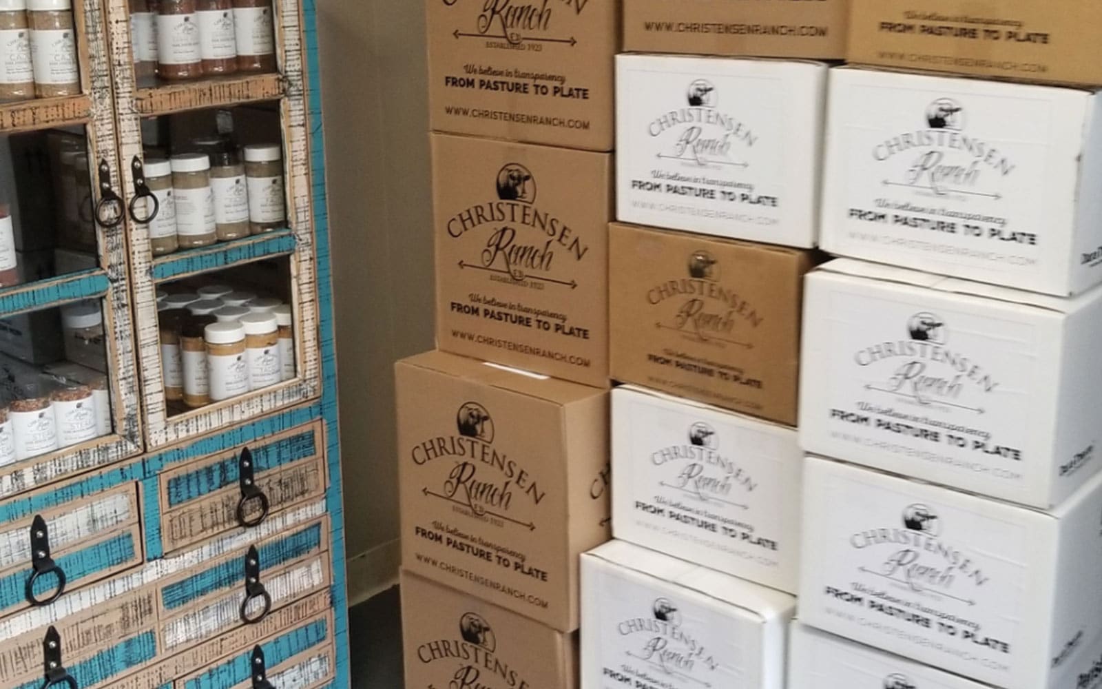 Boxes of Christensen Ranch beef ready to ship across the country