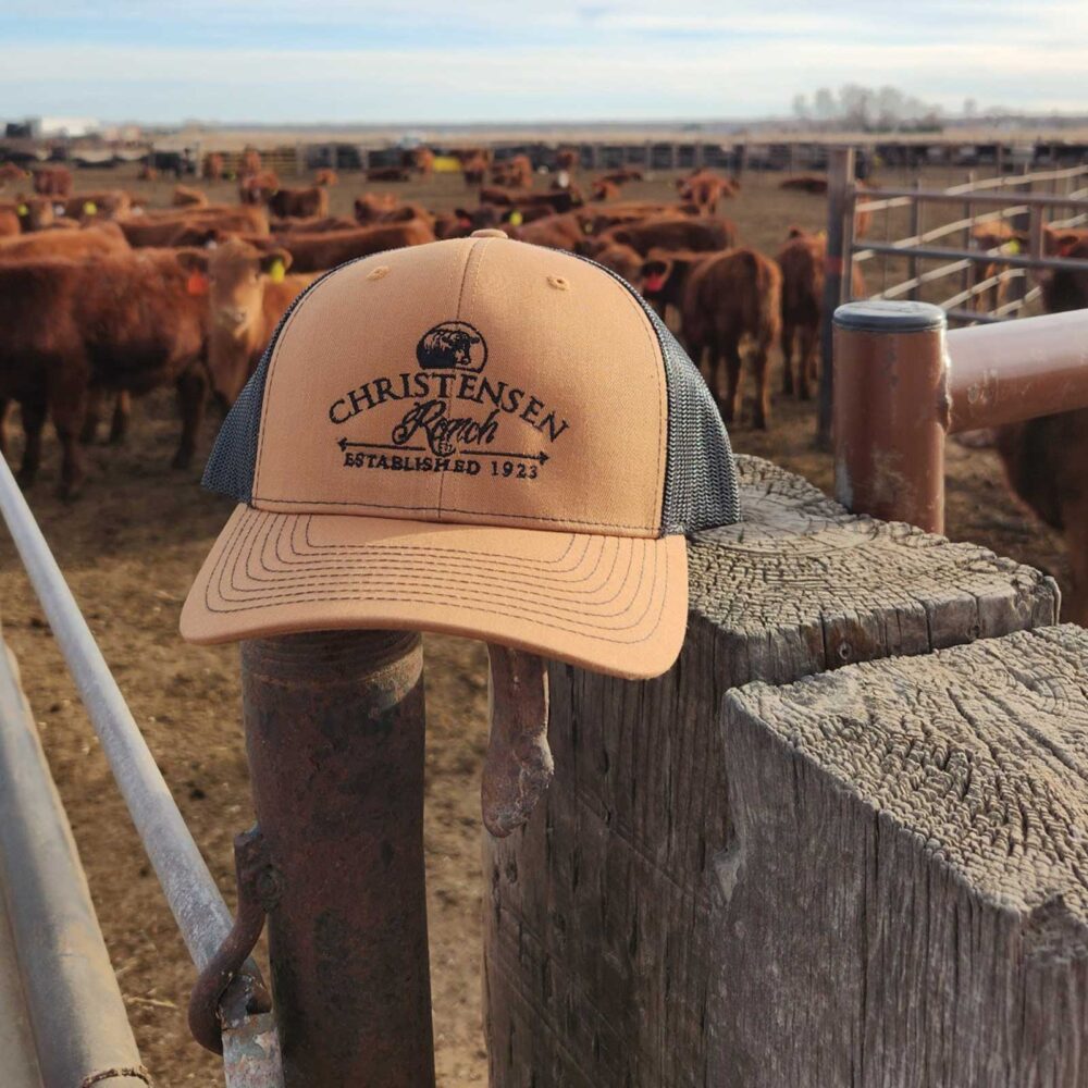 Christensen Ranch Logo Trucker Snapback Cap in Caramel with Black Mesh