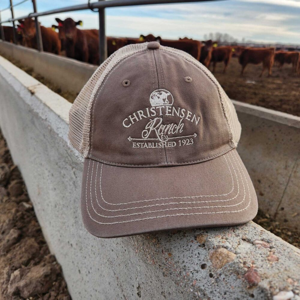 Christensen Ranch Washed Trucker Cap with khaki embroidered logo