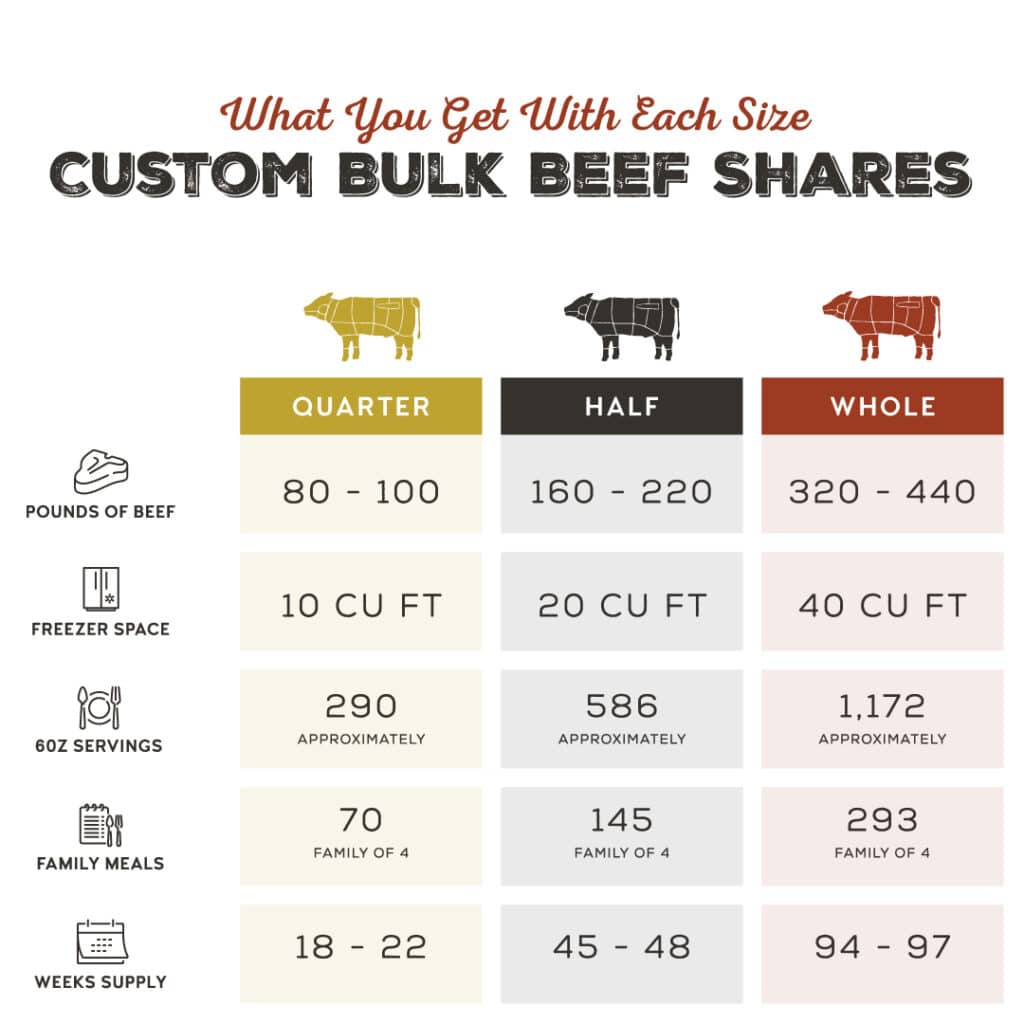 Comparison chart showing what you get and what size freezer you need for each size custom bulk beef