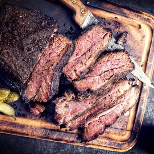 Whole beef brisket sliced and ready to serve