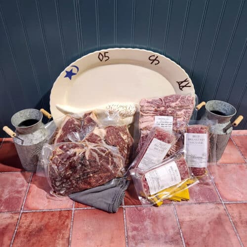 Beef breakfast box filled with beef brisket and short plate bacon, beef breakfast sausage, western griller steaks, and sirloin steaks