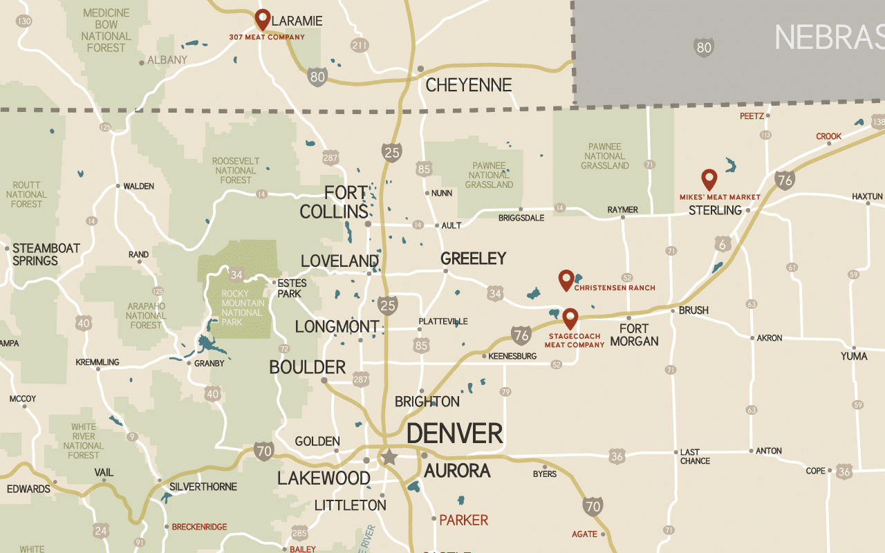 Map of Christensen Ranch custom bulk beef butchers in Colorado and Wyoming